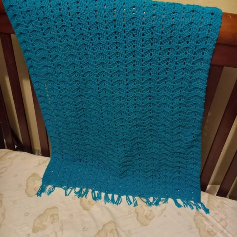 Handcrafted teal baby toddler blanket with fringe